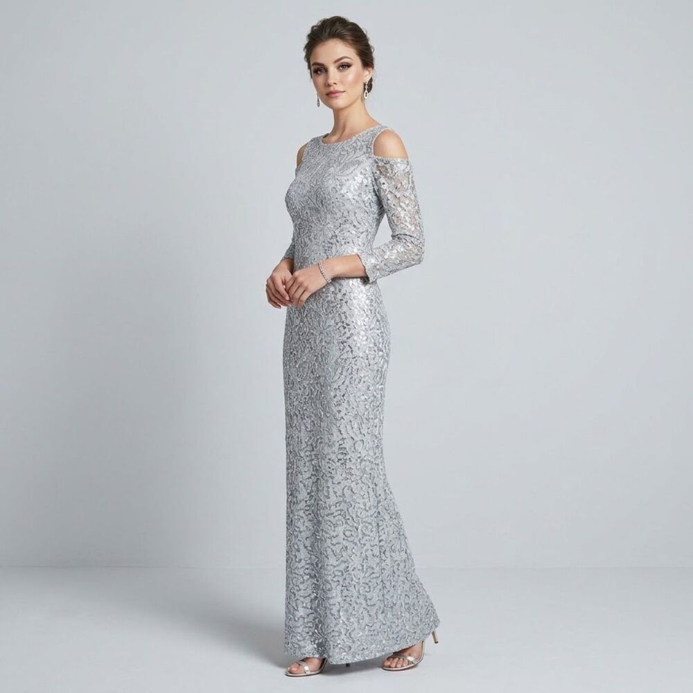 Marina Cold Shoulder Grey Sequin Three Quarter Sleeve Dress Elegant Gown Gala
